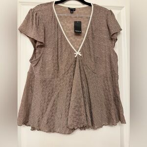 Torrid Taupe Blouse with Pearl Trim
